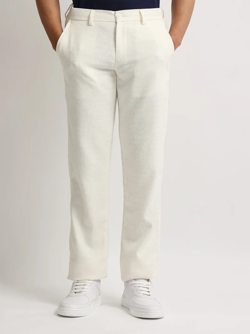 مانياك Maniac Mens Solid White Elastic Linen Cotton Blend Trouser